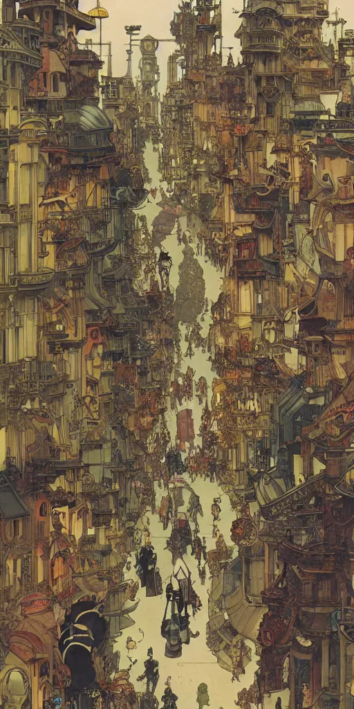 Image similar to a street of a big flying steam punk city full of people with strange costumes, anime manga illustration detailed art Geof Darrow and Phil hale and Ashley wood and Ilya repin alphonse mucha pop art nouveau