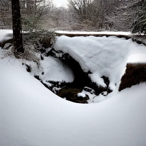 Prompt: snow cave under a snow patch with a stream running through it, light filtered through