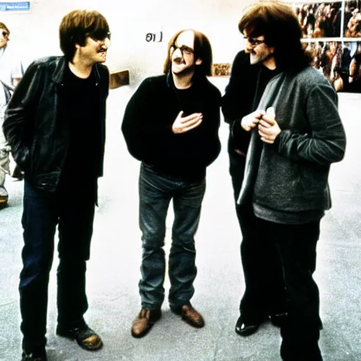 Image similar to john lennon, steve jobs, harry potter, and gabe newell meeting each other