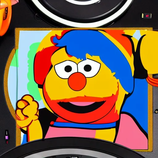 Image similar to svg sticker of a Pop-Wonder Bert&Ernie, Sesame-Street, at a rave, spinning records, giant headphones rocking out, wearing headphones, huge speakers, dancing, rave, DJ, spinning records, digital art, amazing composition, rule-of-thirds, award-winning, trending on artstation, featured on deviantart