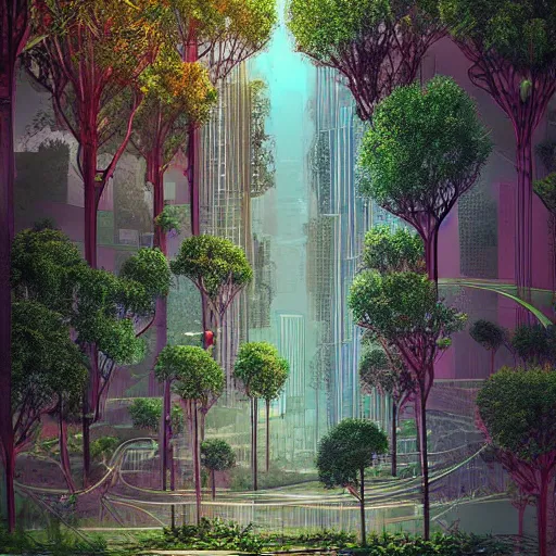 Image similar to Beautiful city of the future, overgrown with trees and plants. Warm soft colour scheme. Grainy and rough. Beautiful artistic digital artwork by artist Lurid. (2022)