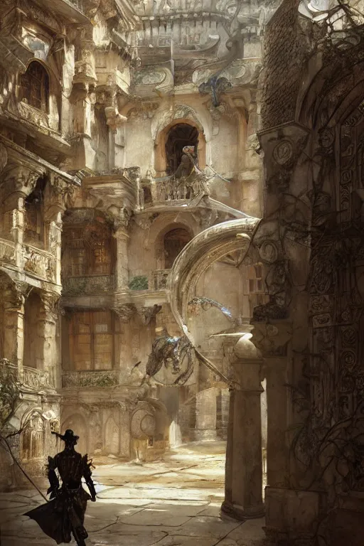 Image similar to an biomechanical palace guard walking through the byzantine courtyard by anders zorn, wonderful, mandelbulb 3 d buildings, fractal designs, dynamic, masterpiece by greg rutkowski, beautiful cinematic light, by greg manchess, jessica rossier