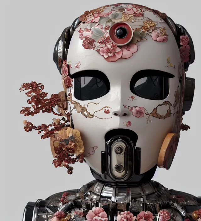 Image similar to full body portrait of a highly advanced organic robot with a porcelain japanese geisha face mask with kanji tattoos and decals, japanese model, octane render, intricate details, ultra realistic