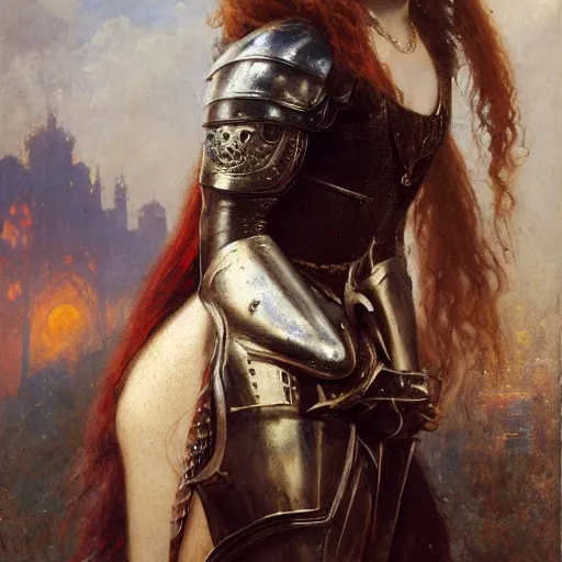 Image similar to young redheaded florence pugh, wearing black ornamented medieval armour, detailed, by gaston bussiere, bayard wu, greg rutkowski, giger, maxim verehin, greg rutkowski, masterpiece, sharp focus,