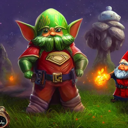 Prompt: lawn gnomes are really undercover protectors of the galaxy, dressed in ordinary gnome fashion but turn into super gnomes with ornate hero garments, capes, muscular, intricate, highly detailed, digital painting, artstation, symmetrical, concept art, smooth, sharp focus, illustration, unreal engine 5, 8 k,