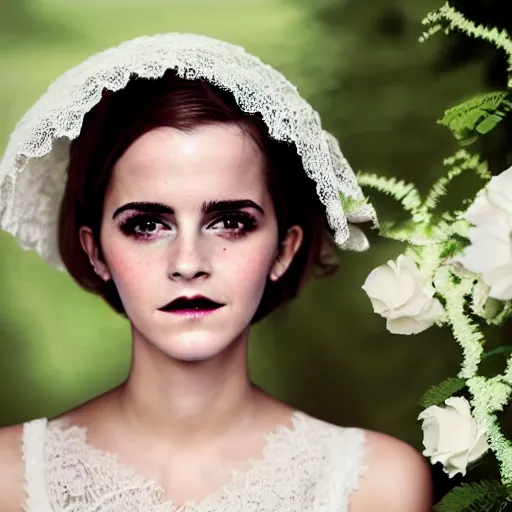 Prompt: big eyes full body fashion model emma watson smokey eyes makeup eye shadow textured film grain fantasy, glow, shimmer as victorian woman in a long white frilly lace dress and a large white hat having tea in a sunroom filled with flowers, roses and lush fern flowers ,intricate, night, highly detailed, dramatic lighting , high quality