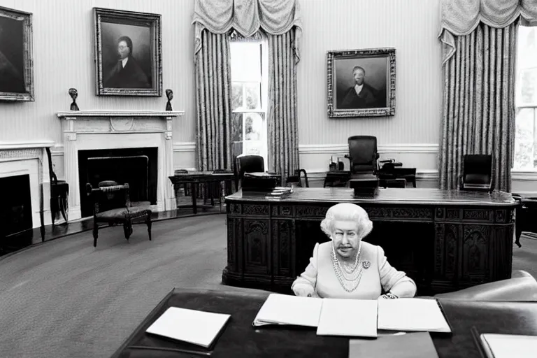 Prompt: Queen Elizabeth II sitting behind the Resolute Desk in the White House Oval Office, 4k, award winning photo