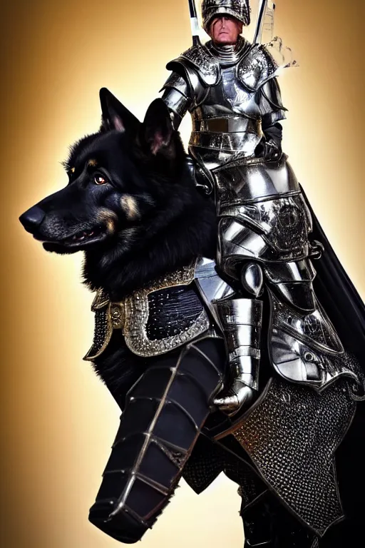 Image similar to donald trump knight wearing a real german shepherd on his head, armor designed by wayne barlowe, swarovski and tiffany, blonde hair, symmetry, sci - fi, cinematic, elegant, luxury, perfect light, perfect composition, dlsr photography, sharp focus, dark fantasy, 8 k, ultra hd, sense of awe, highly detailed, realistic, intricate