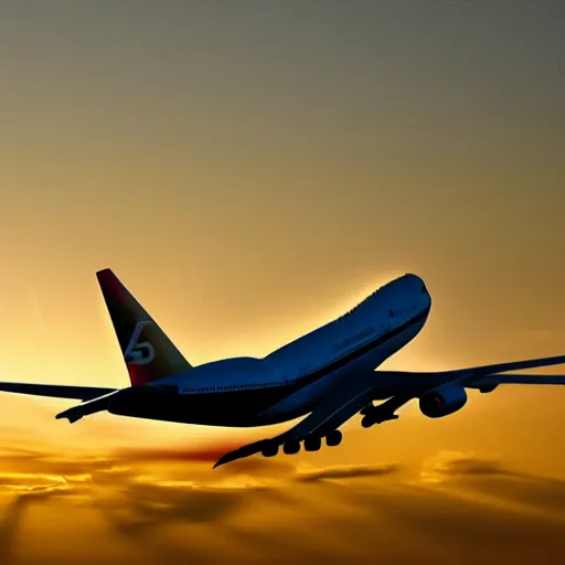 Prompt: boeing 7 4 7 airliner, sunset, realistic, high definition, 4 k