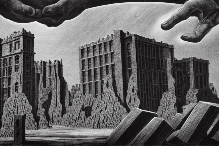 Image similar to fresh coat of flesh and bone, this brick's too thick for heads to break on their own, postmodern surrealist hand drawn matte painting 4k by Lynd Ward, smooth, sharp focus, extremely detailed, dramatic cinematic lighting.