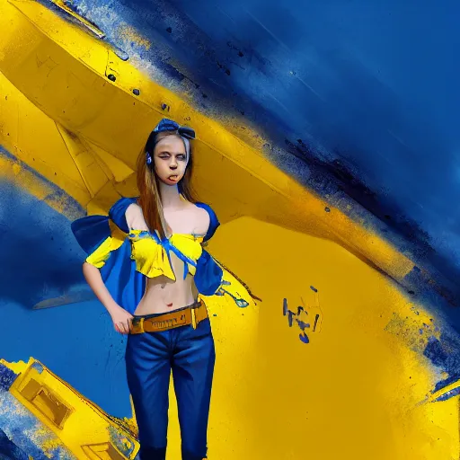 Image similar to ukrainian girl with blue and yellow clothes near big ruined plane, concept art, trending on artstation, highly detailed, intricate, sharp focus, digital art, 8 k