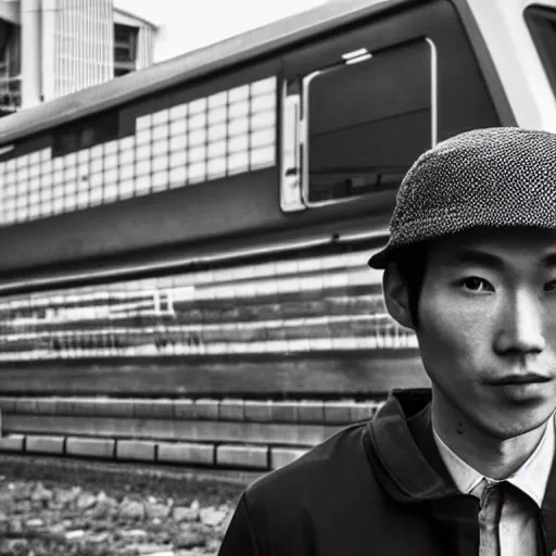 Image similar to “simple and elegant portrait of a Japanese man with a rice paddy hat in the foreground. And a graffiti tagged Tokyo train station in the background. Modern streetwear techwear style”