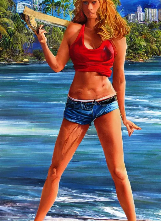 Image similar to , a gorgeous hulking woman with very long hip-length blonde hair, happy sunny day, wearing a cut-off white top and red dirt cut-off shorts standing by the water, beach tennis, modern architecture, in the style of artgerm and moebius and annie liebovitz, marvel comics, photorealistic, highly detailed, trending on artstation, Gediminas Pranckevicius