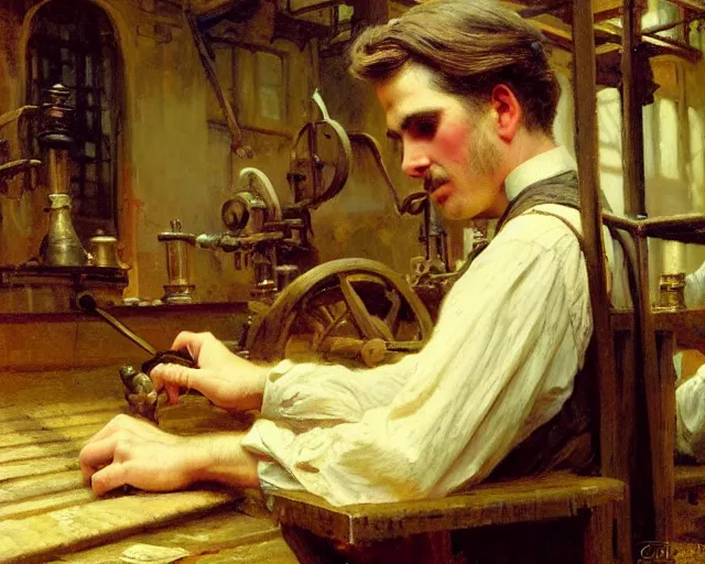 Prompt: attractive man working hard at an 1 9 th century factory. highly detailed painting by gaston bussiere, craig mullins, j. c. leyendecker 4 k