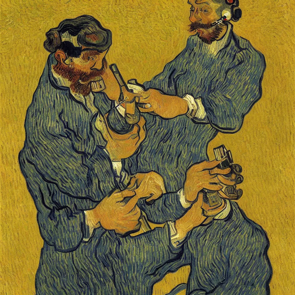 Image similar to i, a man wearing headphone and playing his iphone, by vincent van gogh