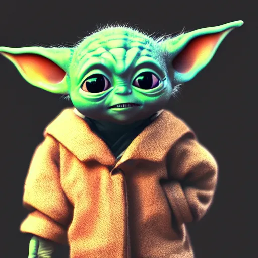 Prompt: profile shot of Baby Yoda with black background, strong bokeh, dramatic, cinematic, high contrast, octane render, 4k