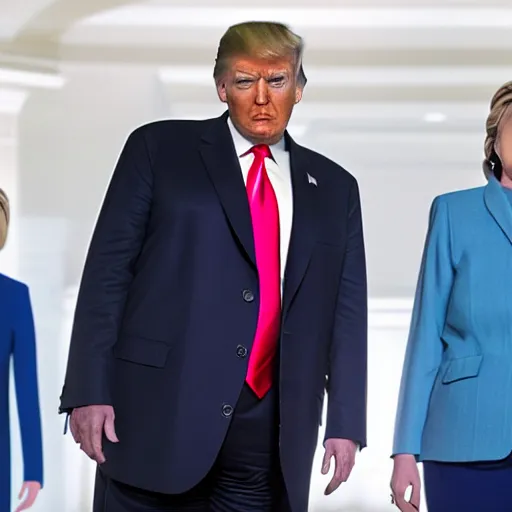 Image similar to Donald trump with Hillary Clinton body, realistic artstyle, wide shot, dramatic lighting, octane render, hyperrealistic, high quality, highly detailed, HD, beautiful, cinematic, 8k, unreal engine, facial accuracy, symmetrical