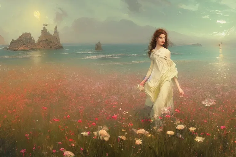 Image similar to a beautiful painting of the sea of flower, girl, by greg rutkowski, trending on artstation