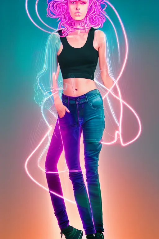 Image similar to a award winning half body portrait of a beautiful woman with stunning eyes in a croptop and cargo pants with ombre purple pink teal hairstyle and hands in pockets by thomas danthony, surrounded by whirling illuminated lines, outrun, vaporware, shaded flat illustration, digital art, trending on artstation, highly detailed, fine detail, intricate