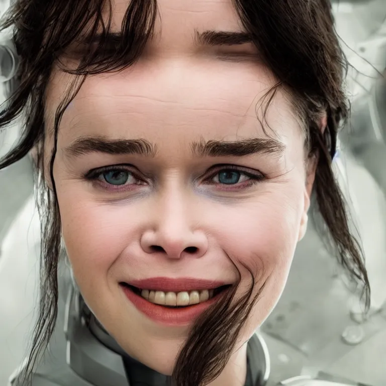 Prompt: scifi smiling emilia clarke looks like ghost in the shell, extremely high detail, photorealism, sony a 7 r