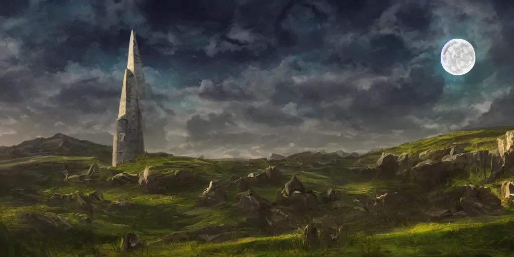 Prompt: The great marble wizards tower, painted landscape,green fields in the background, moody lighting, moon in the night sky, sharp image, artstation, colorful digital art