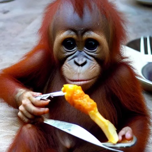 Image similar to baby orangutang eating with knife and fork, low quality 2 4 0 p old smartphone photo meme