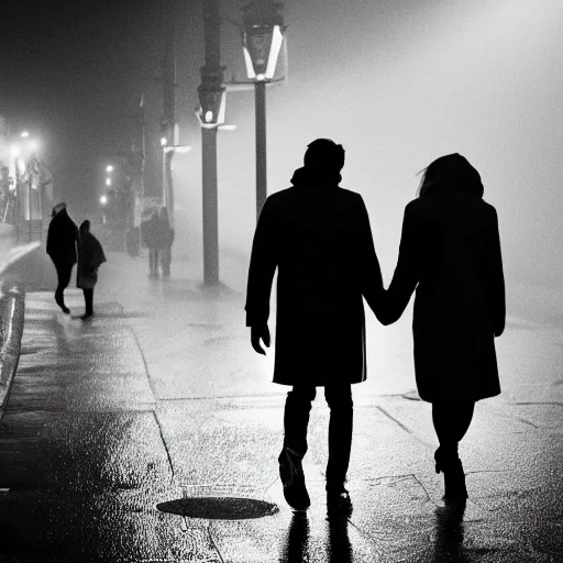 Prompt: A dramatic portrait of a couple wearing yellow rain coat , walking in a black and white street . Cinematic lighting