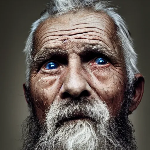 Image similar to a photographic portrait of a rugged elderly man with tears running down face by Martin Schoeller