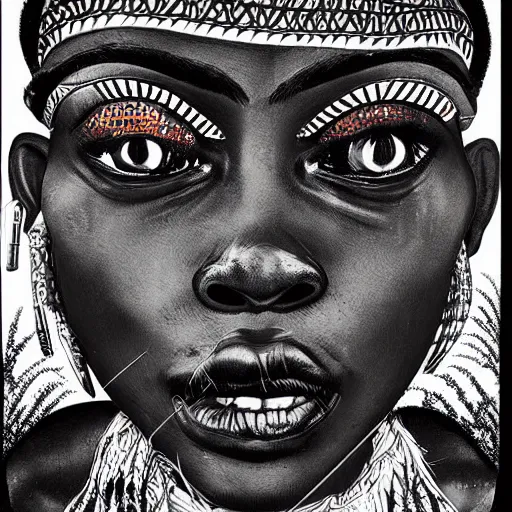 Prompt: Afrofuturism detailed aesthetic horror portrait painting titled 'Face of grief' description 'Order of the occult zulu princess' portrait, character design, worn, dark, extremely high detail, photo realistic, pen and ink, intricate poster design by Jamie Hewlett,