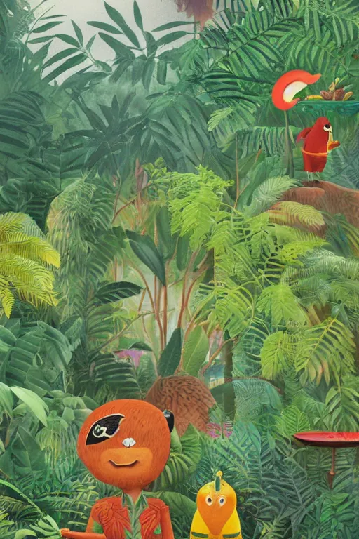 Image similar to rare bird in the jungle, highly detailed, unreal engine render concept art, style of henri rousseau and richard scarry and hiroshi yoshida