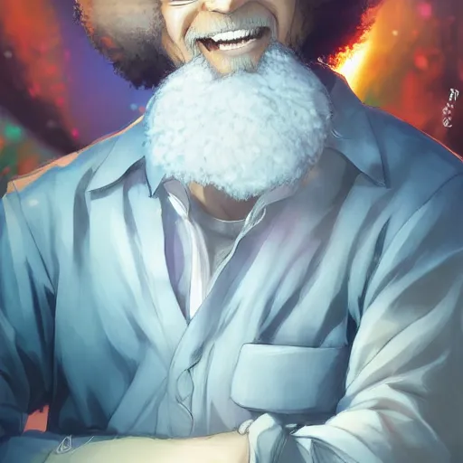 Image similar to An anime portrait of Bob Ross, by Stanley Artgerm Lau, WLOP, Rossdraws, James Jean, Andrei Riabovitchev, Marc Simonetti, and Sakimichan, tranding on artstation, SFW version