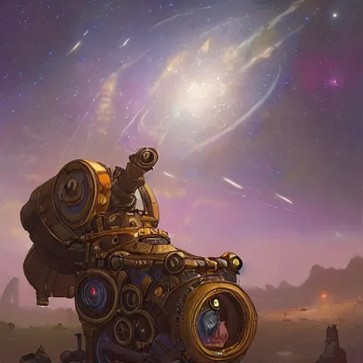 Image similar to steampunk telescope looking at the starry sky, hearthstone coloring style, by greg rutkowski, epic fantasy style art, fantasy epic digital art