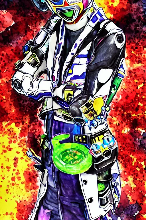 Image similar to Kamen Rider ex-aid drinking hot sauce from the bottle, kamen rider, toshiki inoue, digital art, watercolor,