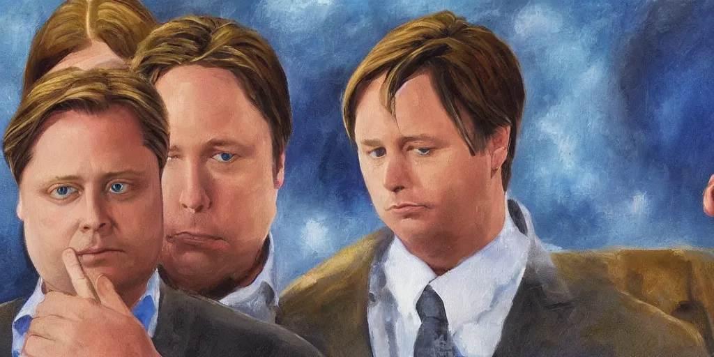 Image similar to Tim Heidecker with a halo standing behind depressed Alex Jones while laying a comforting hand on his shoulder. Oil painting, hyper realistic.