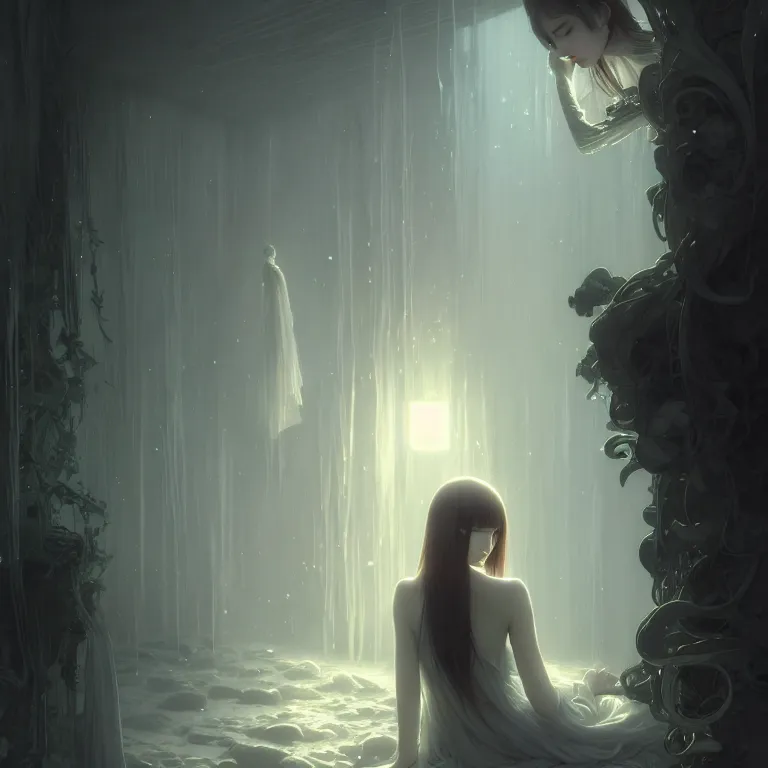 Image similar to gentle ghost, slender girl, silver skin, illustration, cinematic lighting, 8 k, d & d, frostbite 3 engine, of, artstation, intricate, digital art, twilight ray, art by tsuyoshi nagano, greg rutkowski, artgerm, alphonse mucha, radiant light, detailed and complex environment, digital art, art station trends