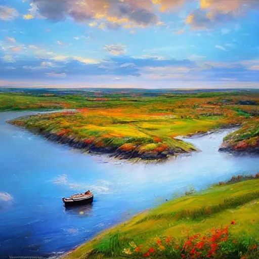 Image similar to Swedish countryside, freedom, dawn, archipelago, painting by Vladimir Volegov