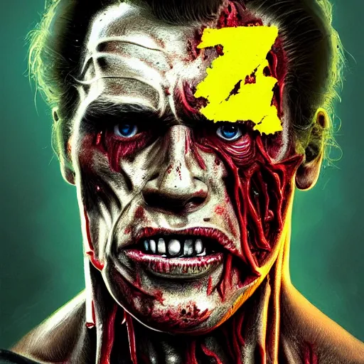 Image similar to eighties arnold schwarzenegger as a flesh eating zombie with cuts on face and yellow teeth, 7 days to die zombie, fine art, award winning, intricate, elegant, sharp focus, cinematic lighting, highly detailed, digital painting, 8 k concept art, art by guweiz and z. w. gu, masterpiece, trending on artstation, 8 k
