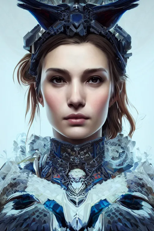 Image similar to symmetry!! portrait of woman with owl features in the style of horizon zero dawn, machine face, intricate, elegant, highly detailed, digital painting, artstation, concept art, smooth, sharp focus, illustration, art by artgerm and greg rutkowski and alphonse mucha, 8 k