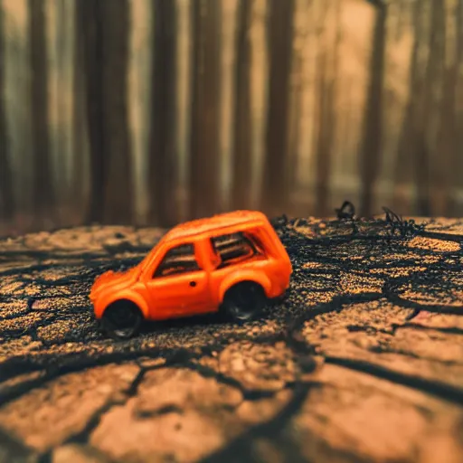 Prompt: macro photography of a toy hot wheels car driving through a forest fire, 3 5 mm