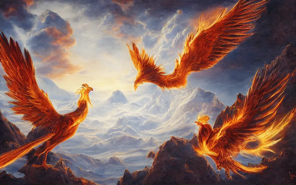 Image similar to game cg painting of a phoenix, a phoenix in a mountain range of ice and snow in nirvana