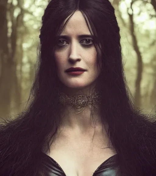 Image similar to 5 5 mm close up portrait photo of eva green as yennefer of vengerberg in black leather armor and long black fluff hair, in a forest. magical atmosphere. art by greg rutkowski. lifelike. very detailed 8 k. intricate. soft light. nikon d 8 5 0.