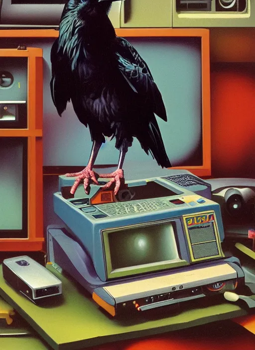 Image similar to a raven digging through 8 0 s era technology, vintage shapes, retro technology, happy color, wayne barlow, oil on canvas, deep depth of field, masterpiece, cinematic composition, hyperdetailed