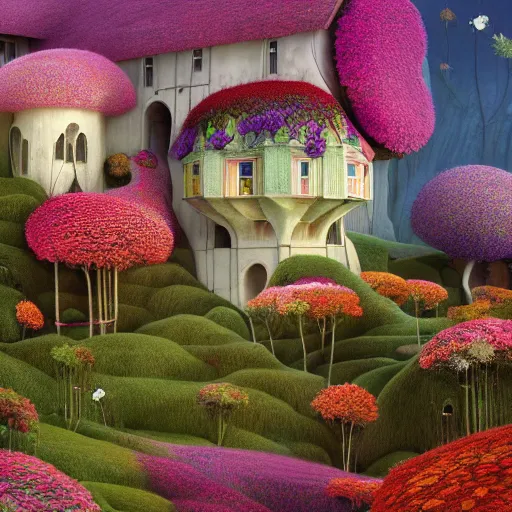 Image similar to a beautiful detailed surreal houses made from flowers in a serene landscape, Edmund Dulac, Jacek Yerka, landscape photography composition,vivid colors,octane render,redshift render :1