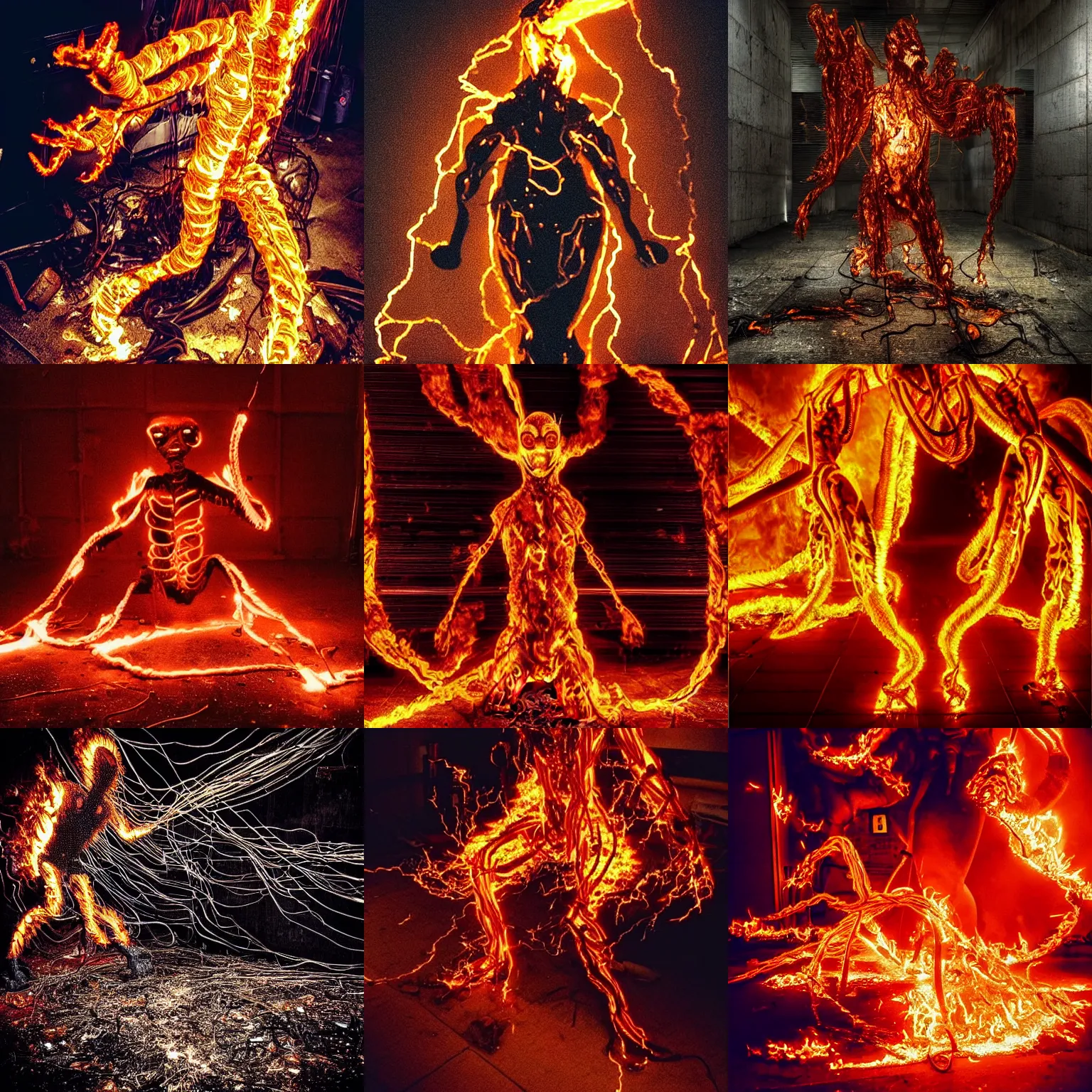 Prompt: “burning flaming mummy cyborg insectoid fire elemental demon engulfed in flames made from twisted cables in a dirty small suburban basement at night, dark dark dark dark dark as night. Cables cables cables cables cables everywhere. Trash on the floor, sparks sparks sparks embers embers sparks flying everywhere. Flash photograph.”