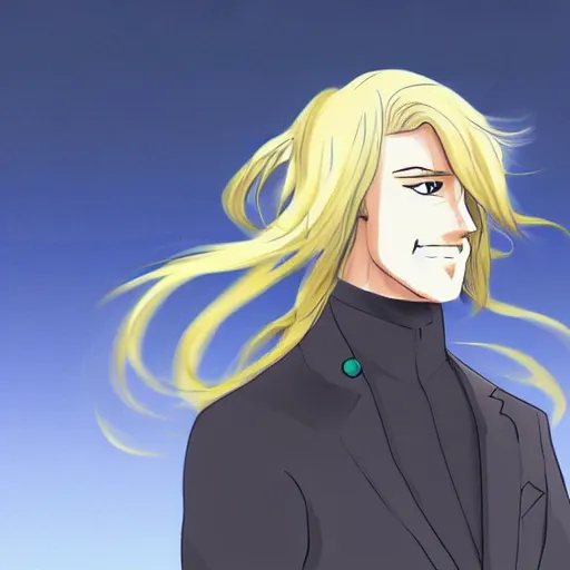 Image similar to concept art of a man with blond wavy hair, anime style