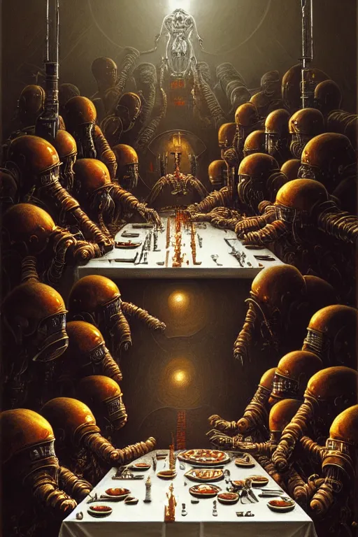 Image similar to painting of tech priests dining at the last supper, adeptus mechanicus!, cybernetic enhancements attached to his body, praise the omnissaiah, zdzislaw beksinski, lewis jones, mattias adolfsson, warhammer 4 0 k!!, cold hue's, warm tone gradient background, concept art, digital painting
