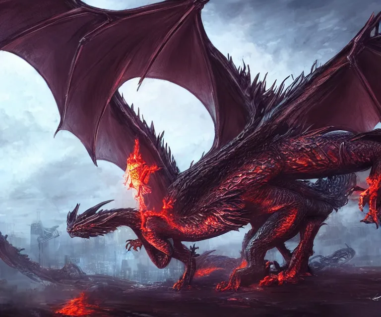 Image similar to dragon in a sci - fi city, dark fantasy, concept art, highly detailed, phoenix flames