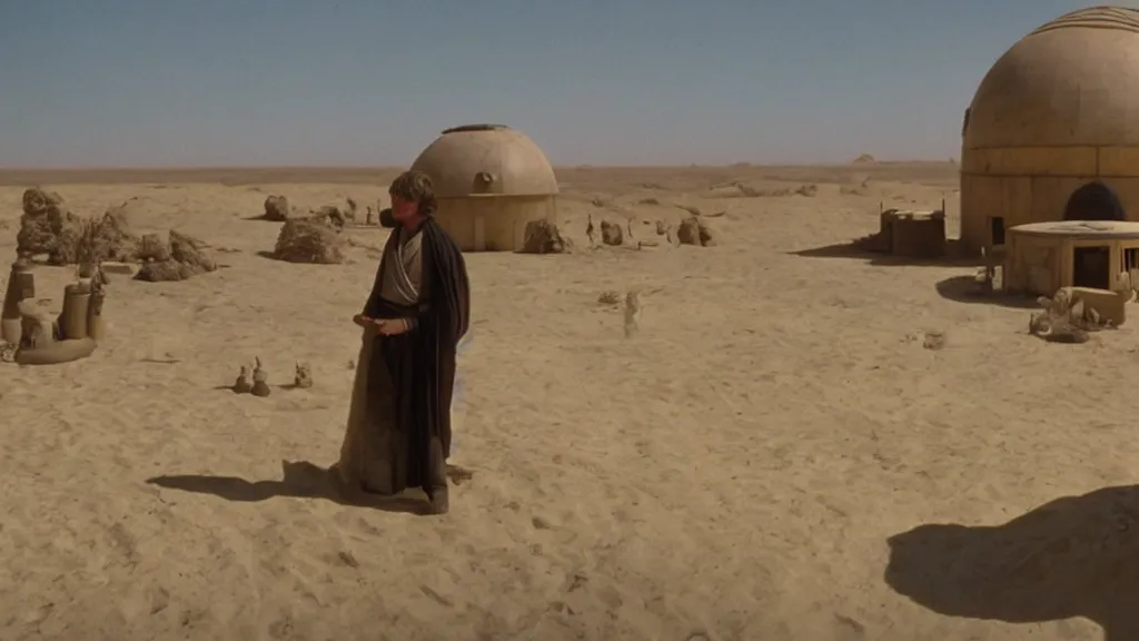 Image similar to film still tatooine A new hope Luke skywalker looks at suns moisture farm dome house