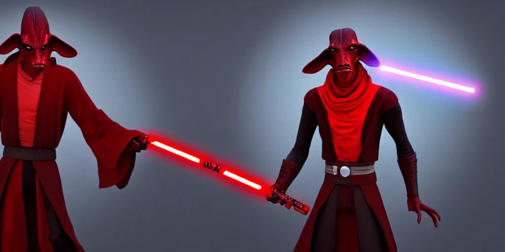 Prompt: jar jar binks as a sith lord, holding a red lightsaber, in the style of artstation, 4 k