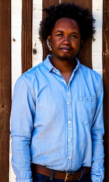 Prompt: portrait of blakce shelton standing against barn wall